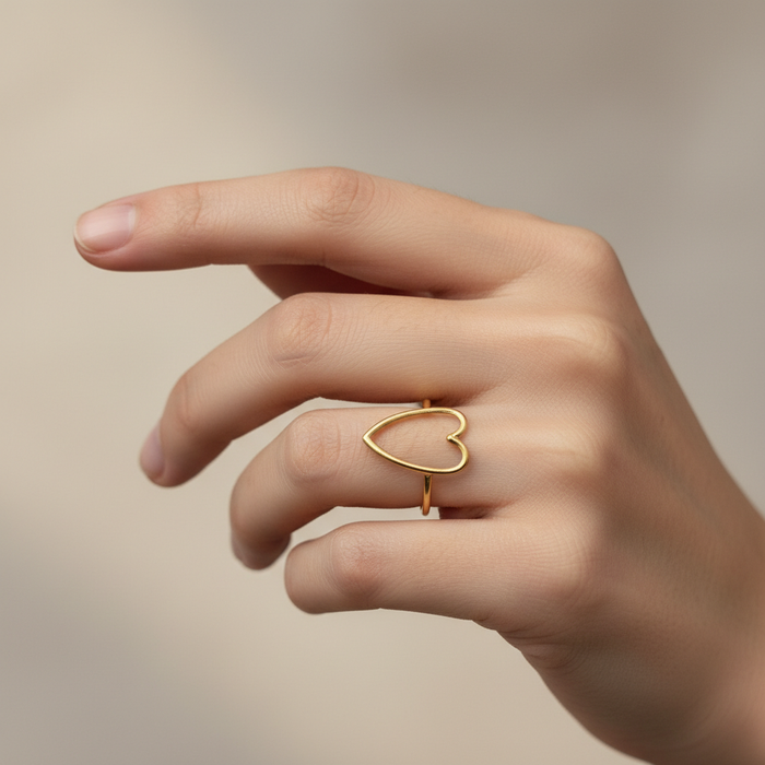 Gold Open Heart Adjustable Ring – Minimal Outline Design