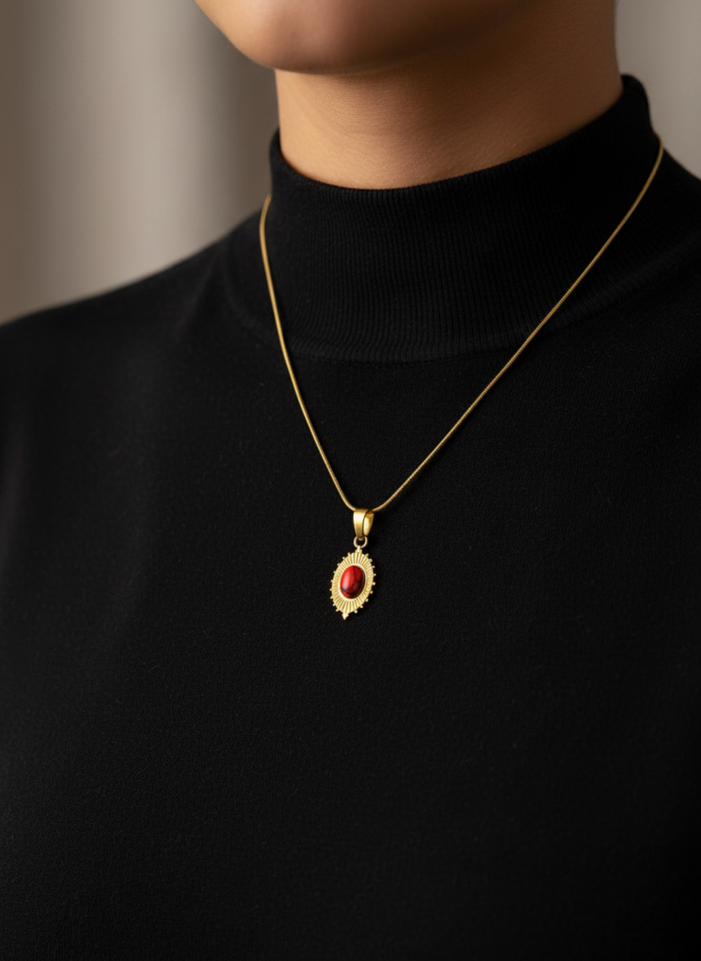 Gold Ornate Oval Necklace – Vintage Red Stone Pendant