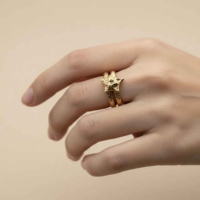 Gold Star Adjustable Ring – Textured Open Statement Design