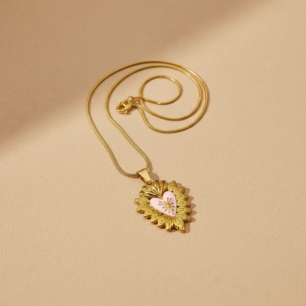 Sacred Heart Gold Necklace – Pink Detail
