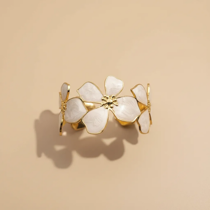 Gold Floral Cuff Bracelet – Ivory Enamel Statement Bangle