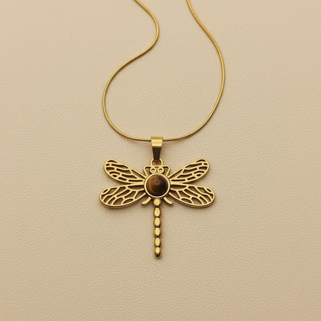 Gold Dragonfly Tiger Eye Pendant Necklace