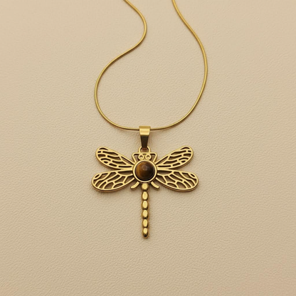Gold Dragonfly Tiger Eye Pendant Necklace