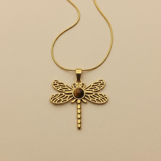 Gold Dragonfly Tiger Eye Pendant Necklace