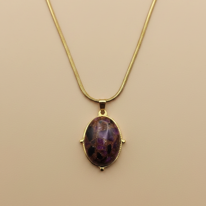 Gold Purple Stone Necklace – Classic Oval Pendant