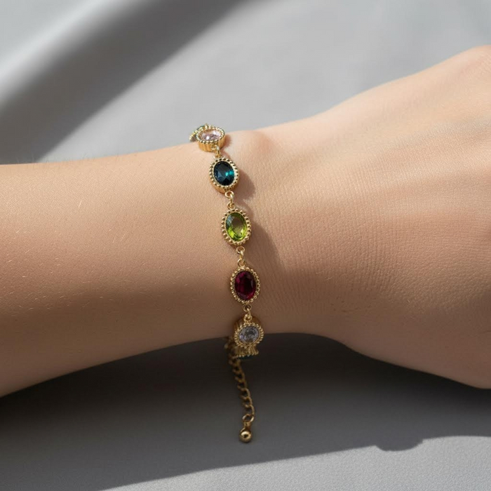 Gold Multicolor Gemstone Bracelet – Luxury Oval Design