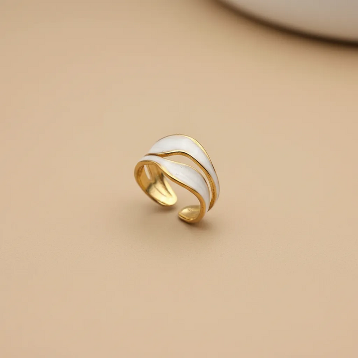 Gold Wave Ring with White Enamel (Adjustable)