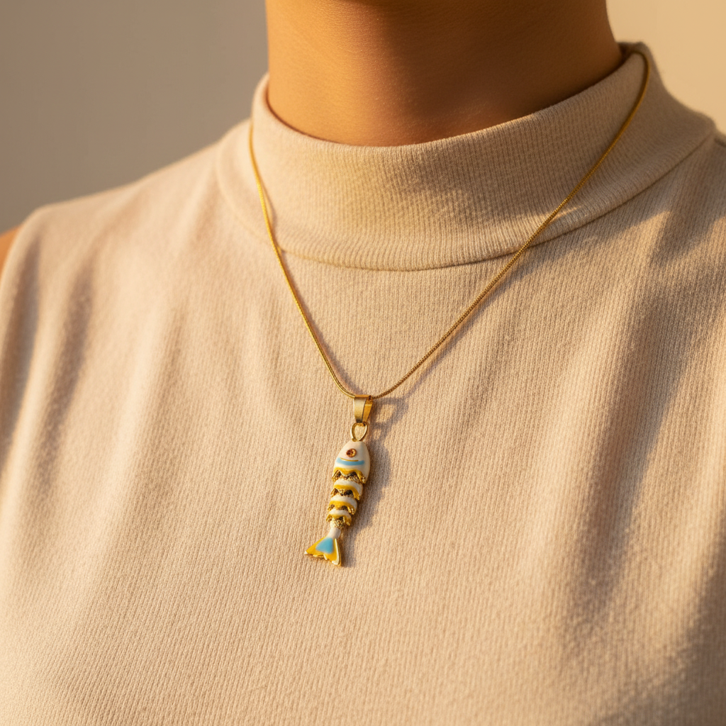 Enamel Fishbone Pendant Necklace