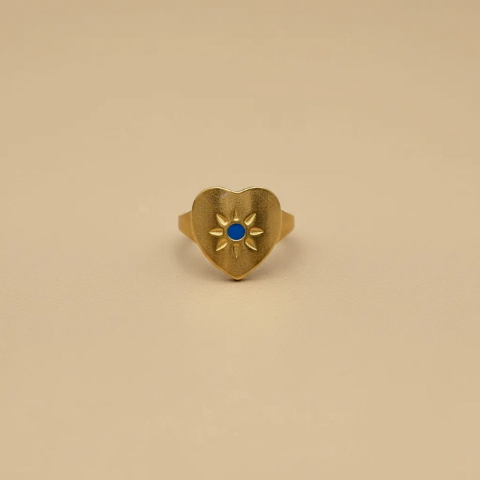 Gold Sun Shield Ring with Blue Enamel (Adjustable)