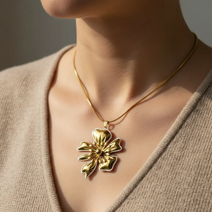 Gold Stainless Steel Flower Statement Necklace