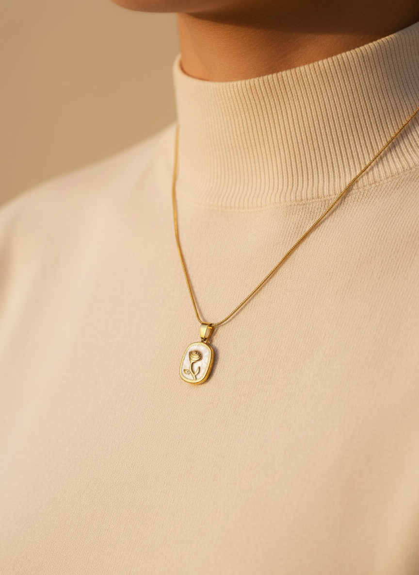 White Rose Relief Pendant Necklace