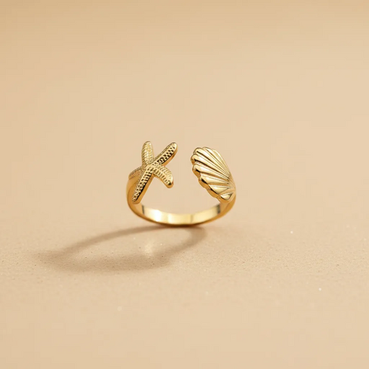 Gold Starfish & Shell Adjustable Ring