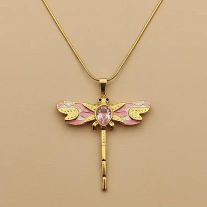 Collier libellule en émail rose