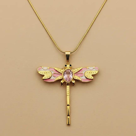 Pink Enamel Dragonfly Necklace