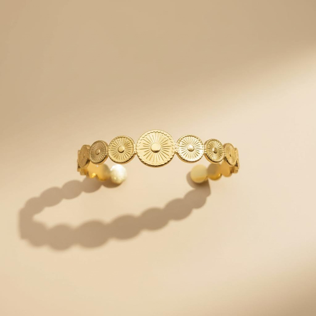 Bracelet jonc disque rayonnant doré – Bangle bohème minimaliste