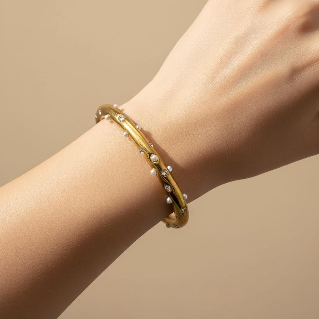 Gold Crystal & Pearl Cuff Bracelet – Minimal Chic Bangle