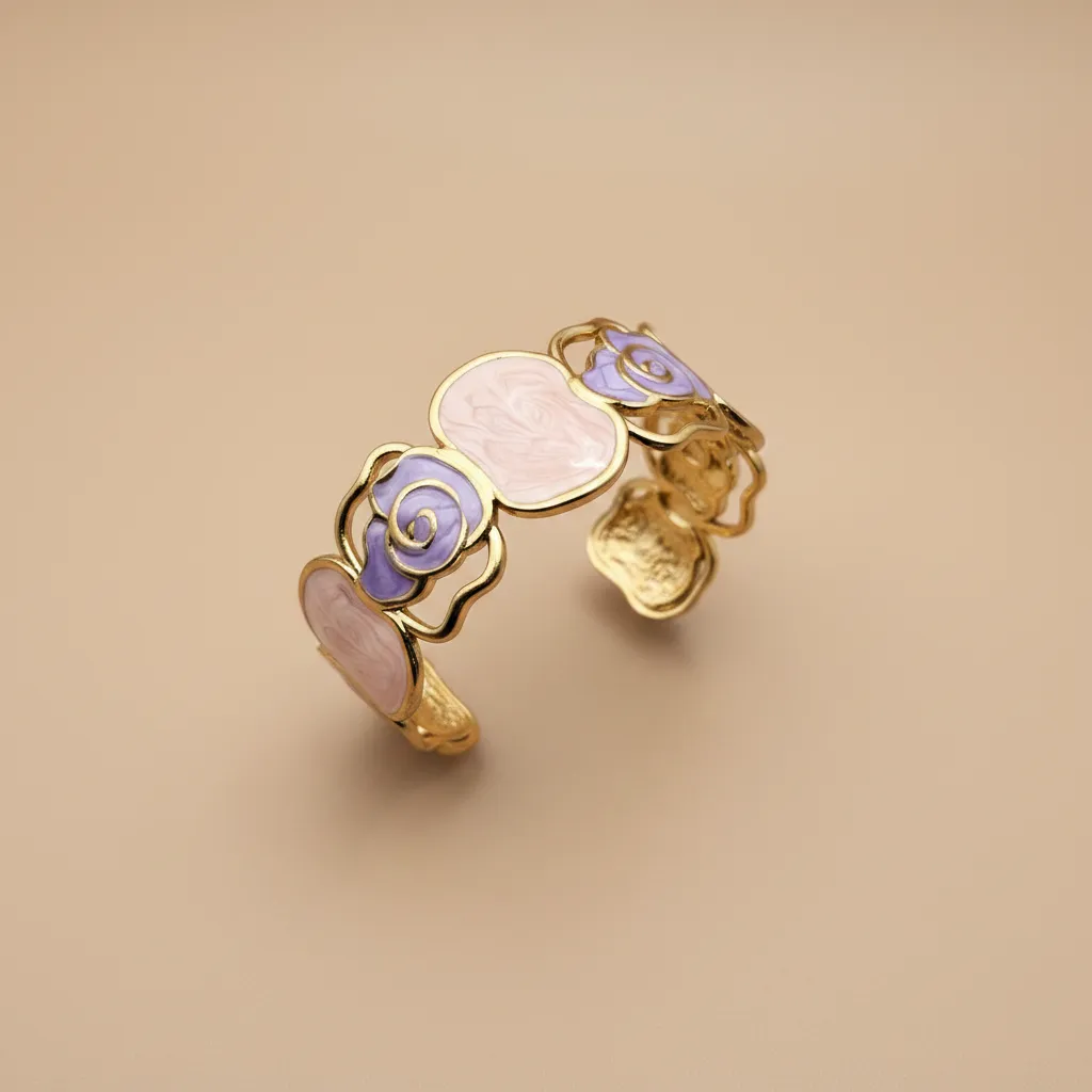 Pink Purple Flower Open Cuff Bracelet