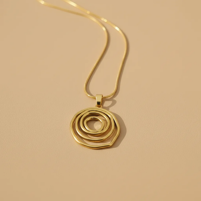 Gold Stainless Steel Abstract Circle Necklace – Layered Ring Pendant