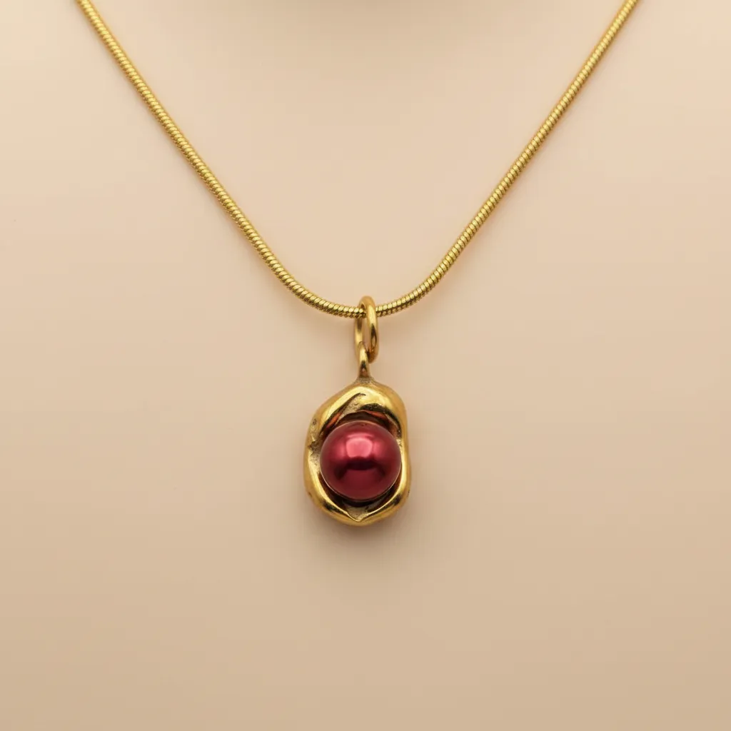 Gold Red Pearl Necklace – Elegant Organic Pendant