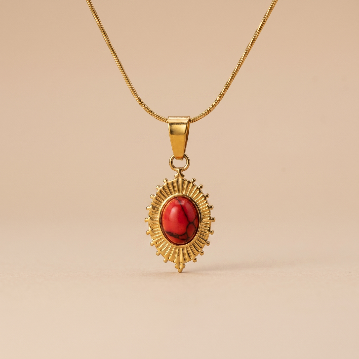 Gold Ornate Oval Necklace – Vintage Red Stone Pendant