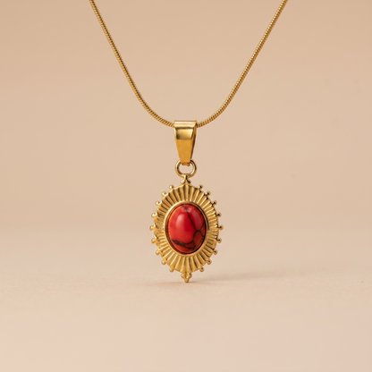 Gold Ornate Oval Necklace – Vintage Red Stone Pendant