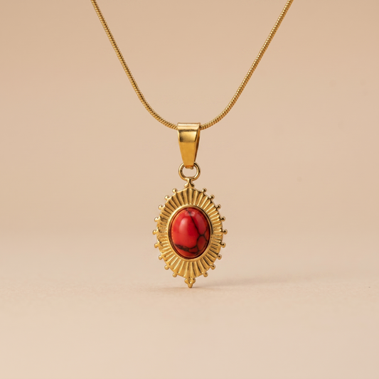 Gold Ornate Oval Necklace – Vintage Red Stone Pendant