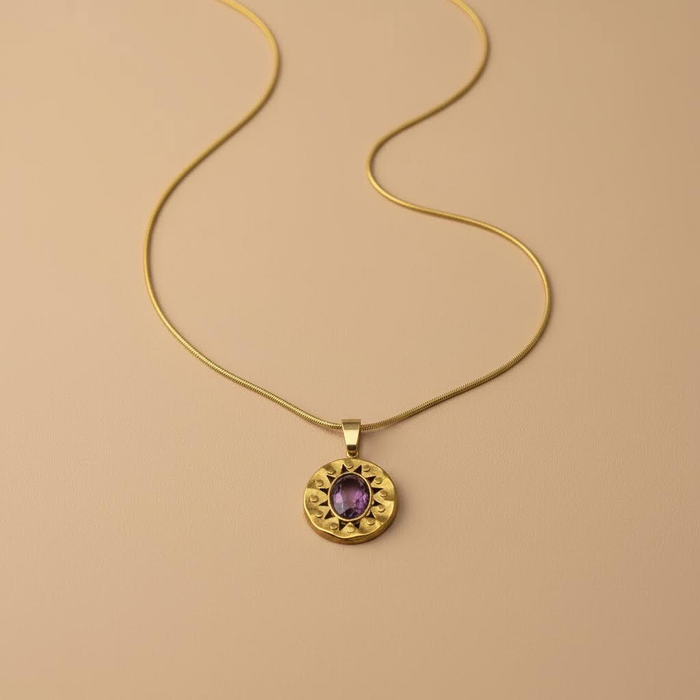 Gold Vintage Sun Pendant Necklace – Purple Stone