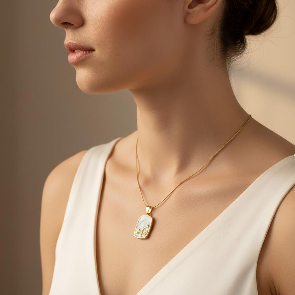 Gold Marble Rectangle Pendant Necklace