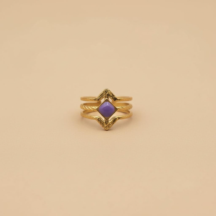 Gold Chevron Ring with Purple Stone (Adjustable)