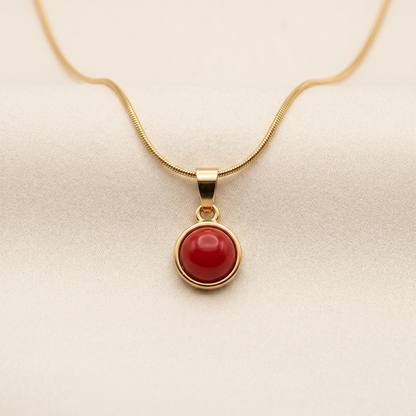 Gold Minimal Stone Necklace – Classic Red Round Pendant