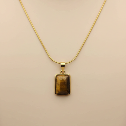 Gold Tiger Eye Rectangle Necklace – Minimal Stone Pendant