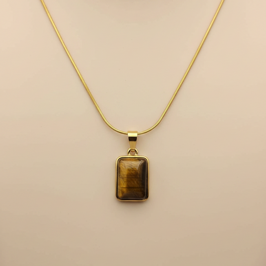 Gold Tiger Eye Rectangle Necklace – Minimal Stone Pendant