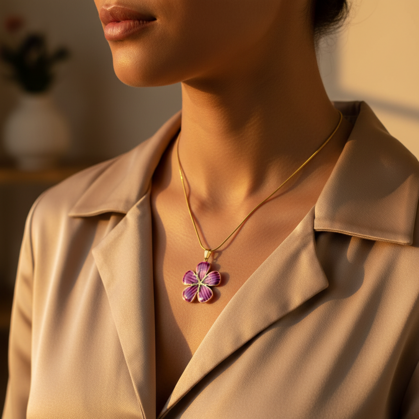Gold Purple Flower Necklace – Statement Floral Pendant