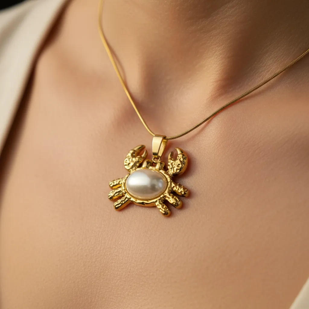 Gold Crab Pearl Pendant Necklace