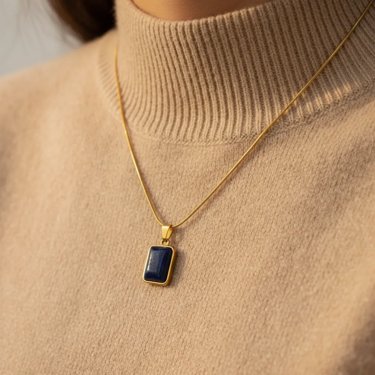 Deep Blue Rectangle Stone Pendant Necklace