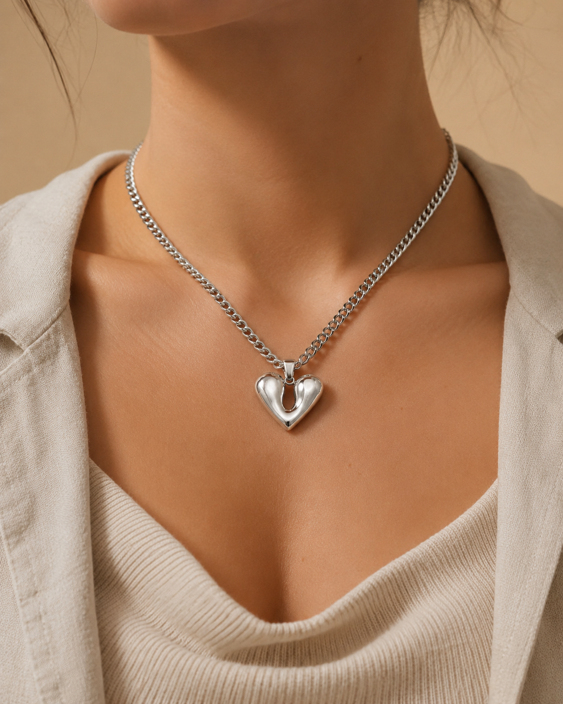 Silver Open Heart Pendant Necklace