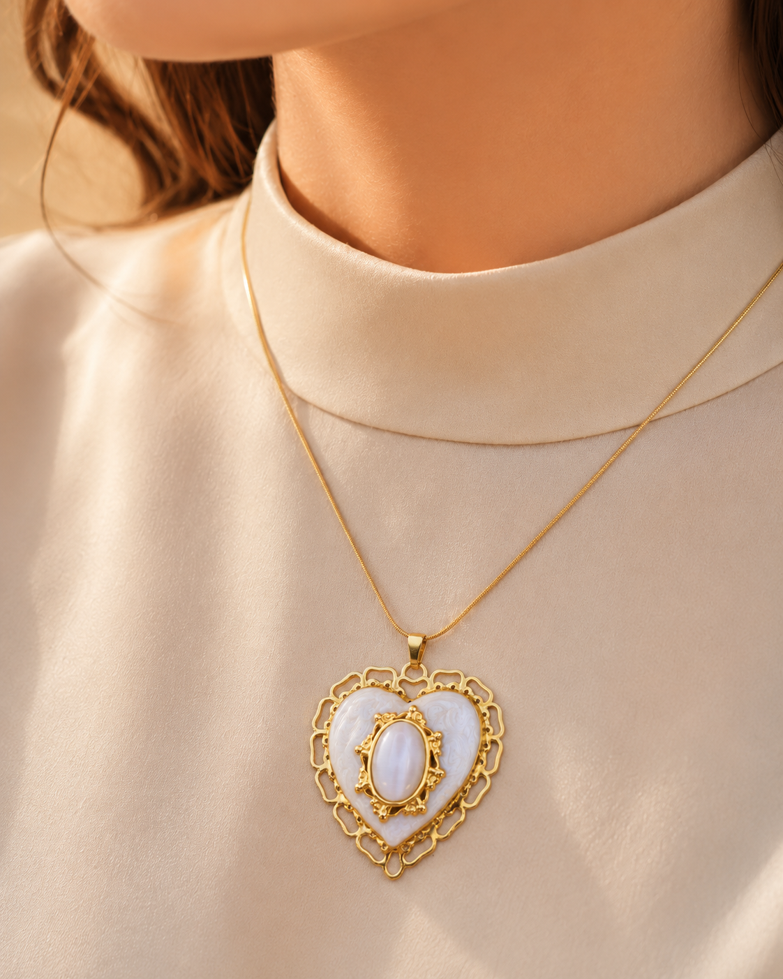 Stainless Steel Big Pearl Heart Necklace