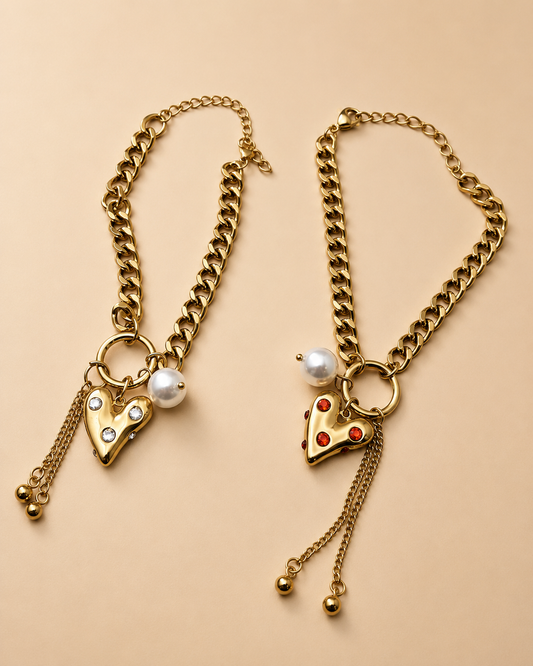 Gold Heart Pearl Charm Bracelet