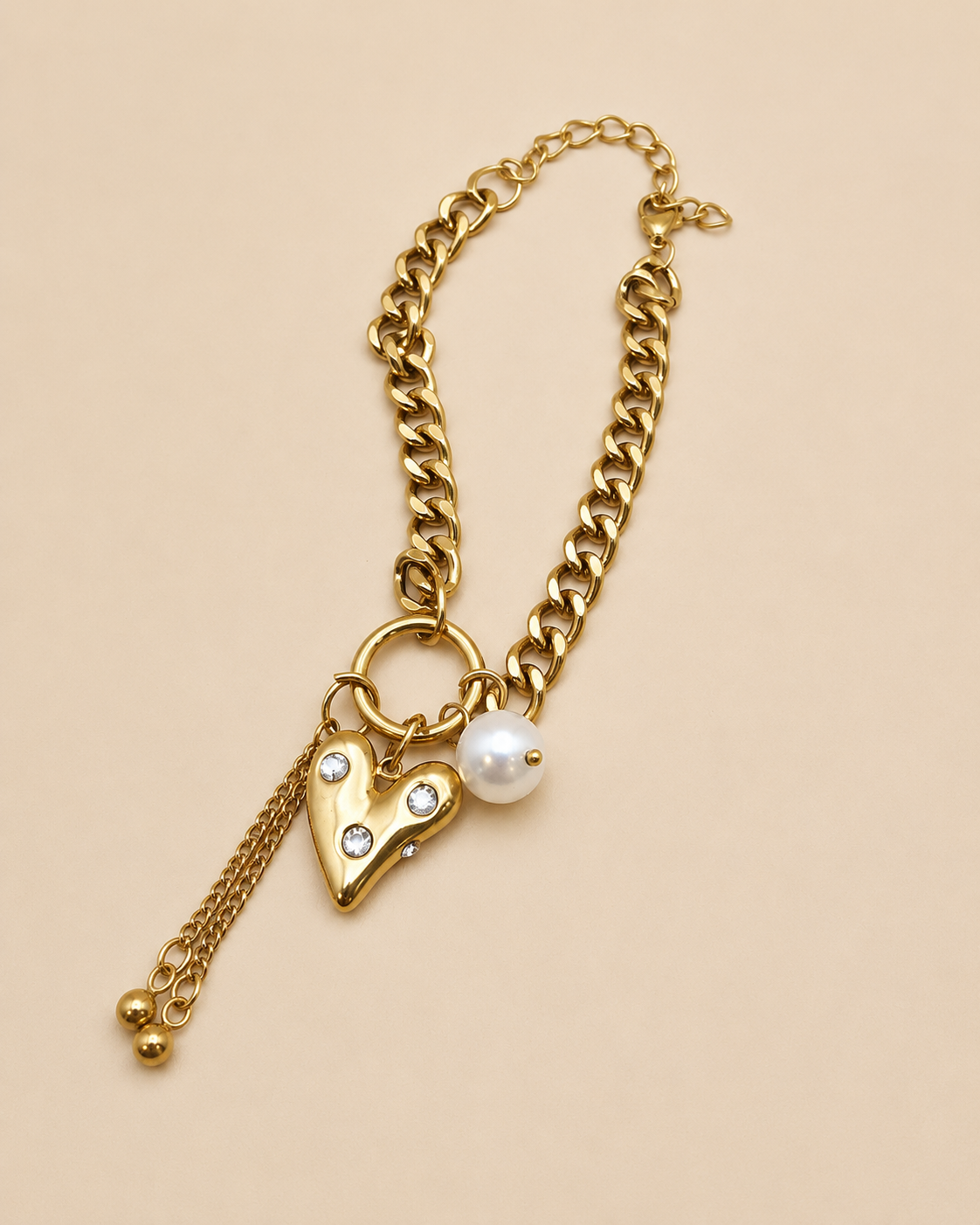 Gold Heart Pearl Charm Bracelet