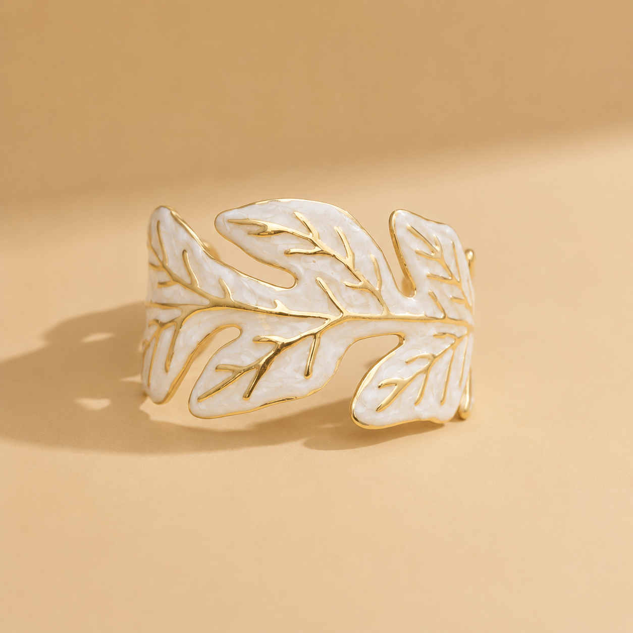 Golden Leaf Cuff Bracelet – Pink & White Statement Bangle