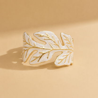 Golden Leaf Cuff Bracelet – Pink & White Statement Bangle