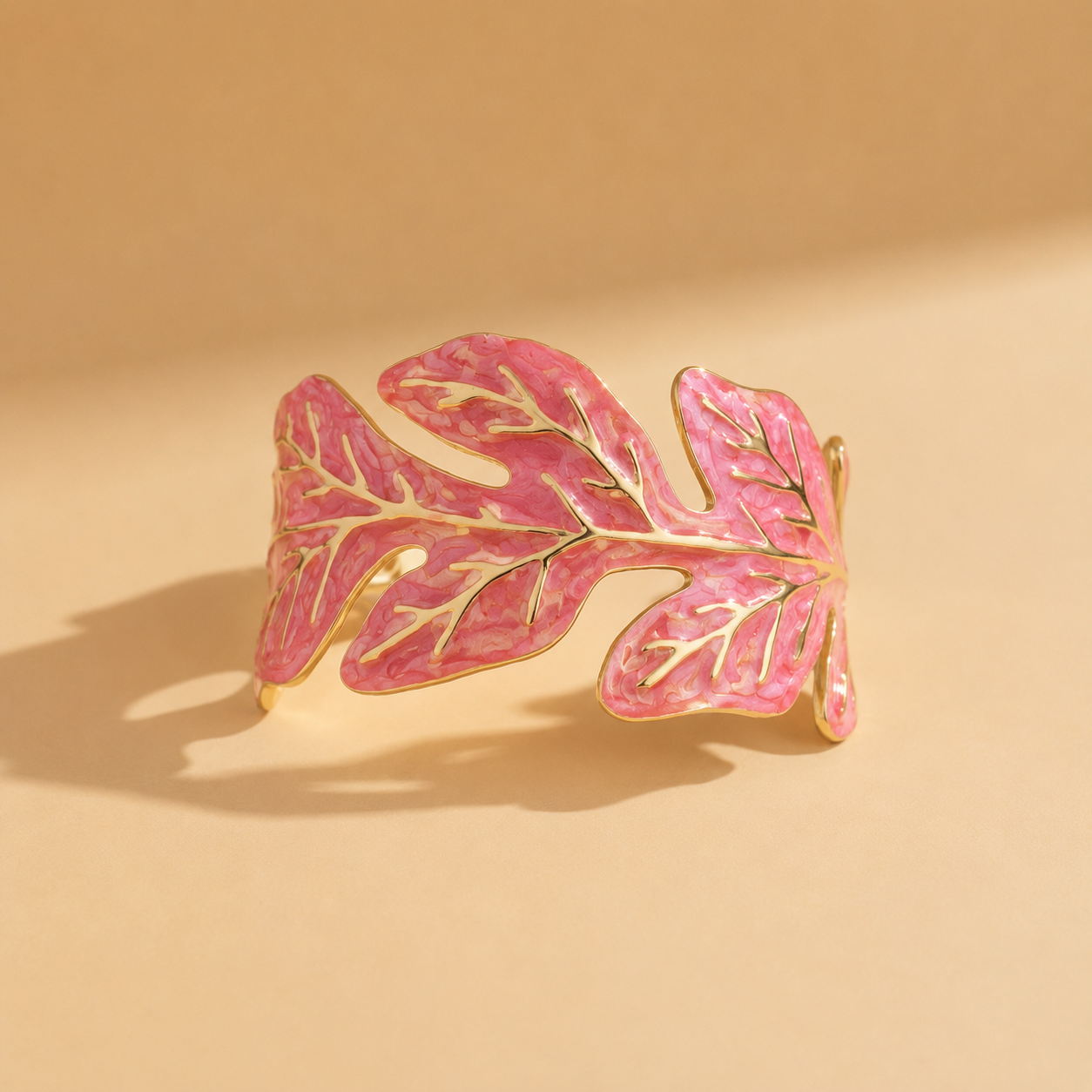 Golden Leaf Cuff Bracelet – Pink & White Statement Bangle