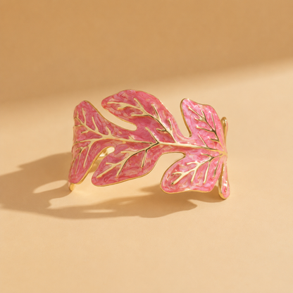 Golden Leaf Cuff Bracelet – Pink & White Statement Bangle