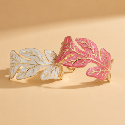 Golden Leaf Cuff Bracelet – Pink & White Statement Bangle