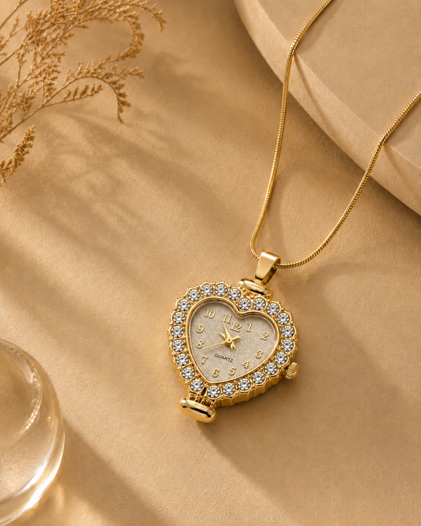 Gold Heart Watch Pendant Necklace