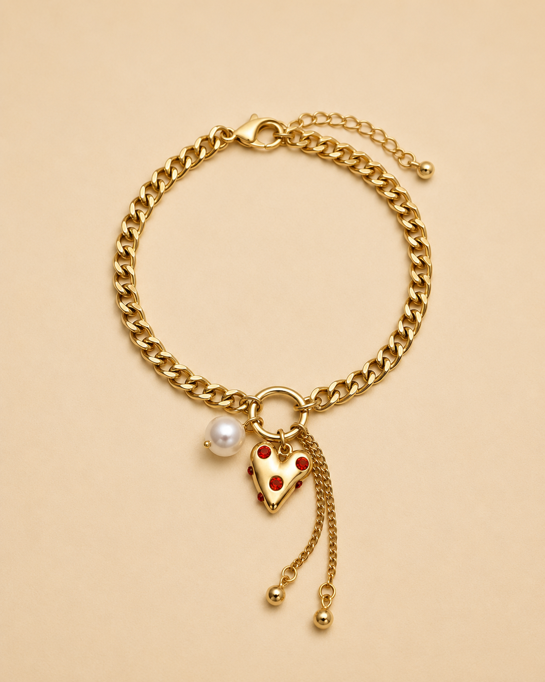 Gold Heart Pearl Charm Bracelet