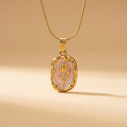 Pink Rose Oval Pendant Necklace