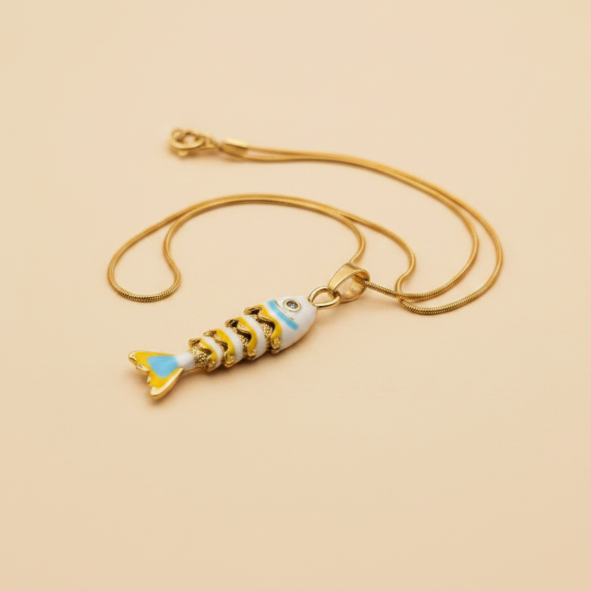 Enamel Fishbone Pendant Necklace