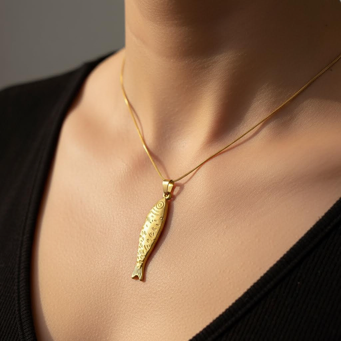 Gold Stainless Steel Fish Necklace – Minimal Engraved Pendant