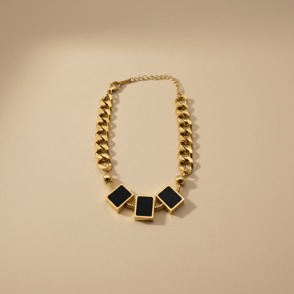 Gold Chunky Chain Bracelet with Black Square Charms